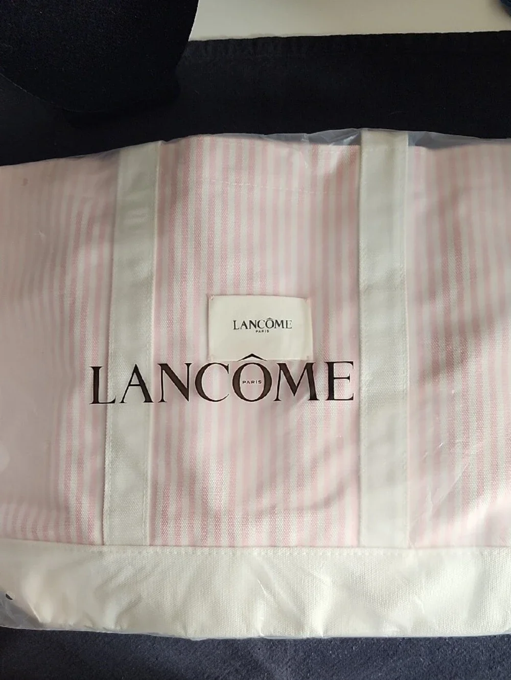 Lancome Pink Stripe Cosmetic Travel Tote with Beauty Essentials